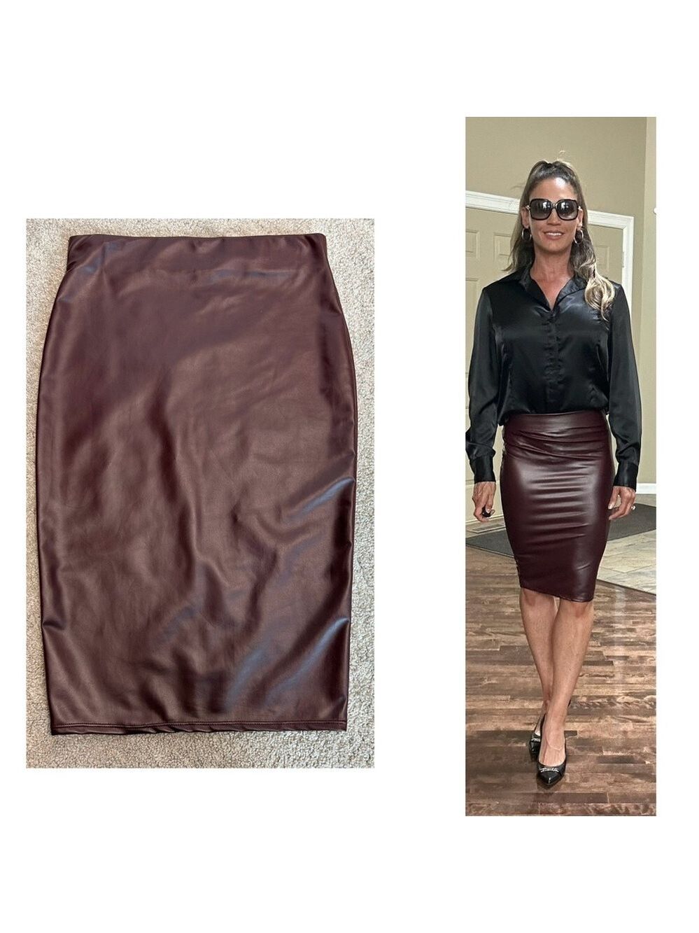 Revamped burgundy mahogany Bordeaux faux leather mini pencil skirt Sz M